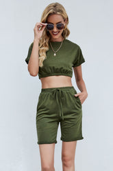 Cropped Tee and Drawstring Waist Shorts Set - Shah S. Sahota